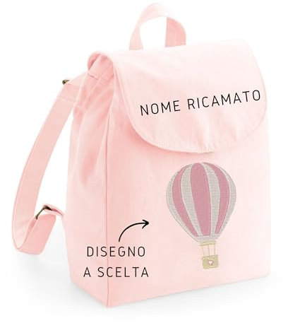 MAYRA Zaino zainetto sacca per asilo nido materna sport in cotone organico bambino bambina con nome ricamato personalizzabile e disegni animali - Idea regalo (Rosa)