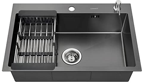 Lonheo Lavandino Cucina Nero 68 x 45 cm, XL Lavello Cucina 1 Vasca in Acciaio Inox con Dispenser sapone, Scolapiatti, sifone e Set di Drenaggio