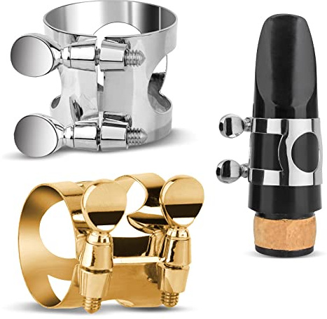 2 Piezas Ligadura de Clarinete, Abrazadera de Boquilla de Clarinete B Plana con Tornillos Ajustables Cierre de Abrazadera de Clarinete para Músicos Principiantes (Plata, Dorado)