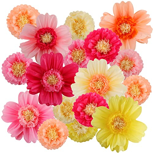 Crowye 24 Pcs Large Colorful Tissue Paper Flowers Decorations 20 and 10'' Giant Fiesta Craft Crepe Paper Flowers for Wall Decor Backdrop Mexican Wedding Birthday Carnival Party (Fresh Color)