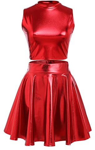 Odizli Alien Kostüm Damen Silber Frauen Hoher Kragen Metallic Glitzer Oberteil Crop Top+Faltenrock Mini Skater Röcke Kawaii 90er Jahre Burning Halloween Karneval Party Festival Rave Outfit Rot M