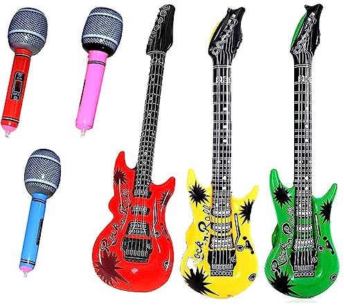 Juego de guitarras y micrófonos inflables - 6 piezas de instrumentos coloridos para celebrar el carnaval - 3 guitarras, 3 micrófonos