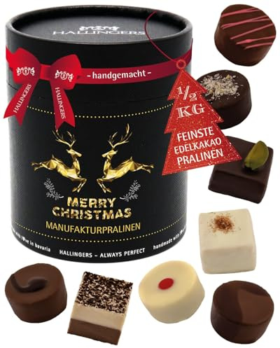Hallingers Genuss Manufaktur Pralinen Weihnachts-Geschenk - ohne Alkohol, handmade aus Confiserie-Edelkakao in wertiger XXL-Geschenkdose Merry Christmas, Weihnachten für Frauen Männer
