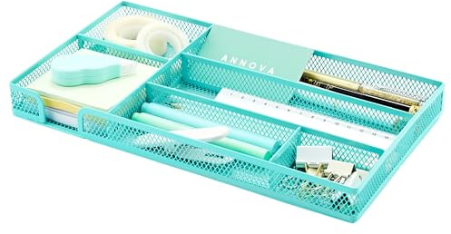 Annova Plateau de rangement pour tiroir de bureau – Maille métallique – Plateau de rangement avec séparateurs pour stylos, accessoires de bureau, salle de bain, cuisine, maquillage et fournitures de