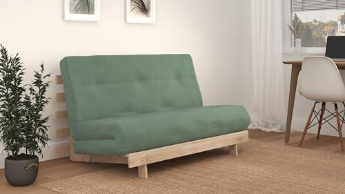Kyoto Futons Double Standard Futon in Harmony Green - Light Wood Finish, 75x137x85cm, Thermally Bonded Wool/Cotton & Fibre Mix Padding