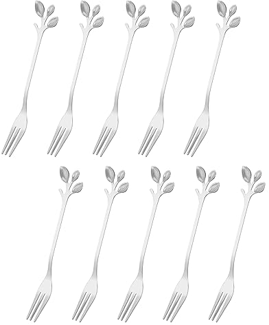 QUARKZMAN 10pcs Acciaio Inox Foglio Aperitivo Forchetta 4.8 Pollice Stoviglie Dessert Cocktail Scelta Mini Torta Frutta per Casa Festa, Argento