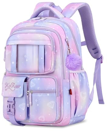 Tanou Schultasche Mädchen Rucksack Schule Mädchen, Schulrucksack für Mädchen der 1. bis 4. Klasse, Atmungsaktiv Wasserabweisender Nylon Kinder Schulranzen, Lila