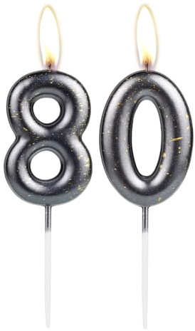 Sparkling Light Black 80th Birthday Number Candle, Black Number 80 Cake Candle, Birthday Cake Topper Cupcake Girl Boy, Wedding Anniversary Decoration