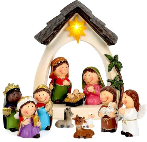 Qulable 12Pcs Nativity Set for Kids-Small Nativity Sets & Figures for Toddlers with LED-Nativity Scene Indoor-Tabletop Figurines Nativity Playset-Kids Nativity Set for Little Girls Boys Children