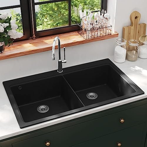 NQJIBUE Sanitär-Überbau-Küchenspüle, Doppelwaschbecken, Granit, schwarz, Sanitärarmaturen