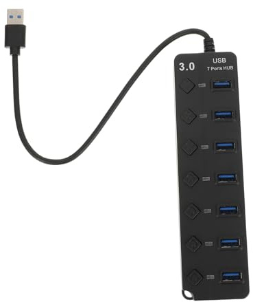 TINEASUR 7-port USB 3.0 Hub with Individual Control Buttons Abs Material LED Power Indicator Light USB Adapter for Laptop Expansion and Data Transfer