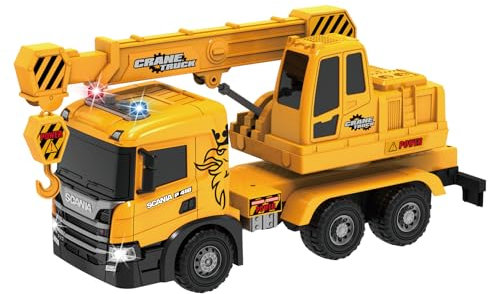 Cheerful Toys Großes Kranwagen Spielzeug Scania Kran-LWK Baustellen-Auto mit ausfahrbarem, 53cm Kran Licht & Sound für Kinder ab 3 4 5 6 7 8 Jahre, Gelb