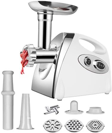 DISHENGZHEN Electric Meat Grinder, 2800W Max Powerful Meat Grinder, Heavy Duty Meat Mincer Sausage Grinder with 3 Different Cutting Plates, Reverse Function, Stainless Steel Food Grinder white