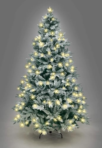 SHATCHI Künstlicher Lappland-Tannen-Weihnachtsbaum mit Schneeflocken, schneebedeckten Zweigen mit Scharnieren, Metallständer für weihnachtliche Heimdekorationen, warmes Lapplandgrün, 150 cm