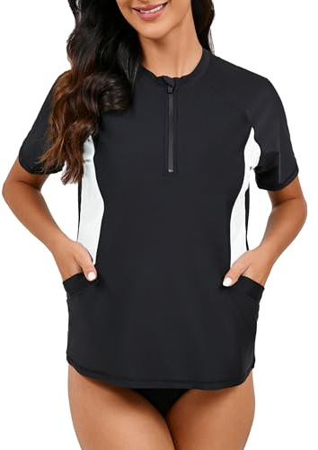 Halcurt UV Shirt Damen mit BH und Tasche 1/4 Zip Rash Guard UPF 50+ S-XXL | Sonnenschutz Schwimmshirt Kurzarm, Atmungsaktiv, Nur Schwimmoberteil, Raglan Ärmel