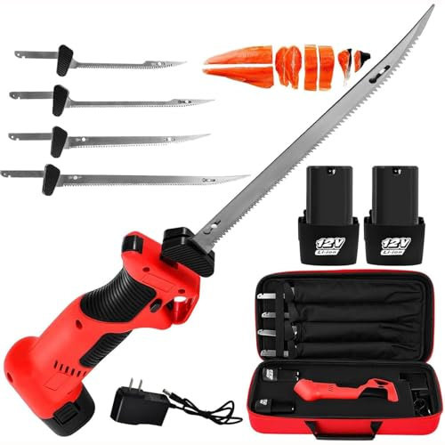 GHRERTX Cuchillo for Filete eléctrico inalámbrico, Cuchillo for Filete de Pescado Recargable de 12 V con 4 Cuchillas antiadherentes recubiertas de nitruro de Titanio SS y 2 baterías, Bloqueo Seguro