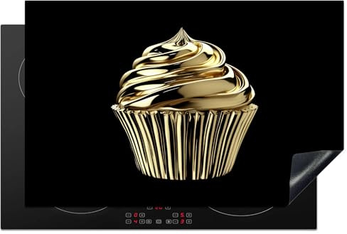 KitchenYeah© Herdabdeckplatte Einteilig Herdabdeckung Abdeckplatte für | 80x52 cm - Ceranfeld Abdeckung Induktionskochfeld Aufrollbare Matte Cupcake - Lebensmittel - Gold - Schwarz
