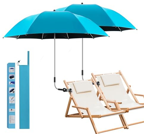 ConBlom 2 PACK Chair Umbrella with Universal Clamp, 360 ° Adjustable UPF50+ Umbrella for Stroller, Patio Chair, Wheelchair, Camping Chair, Golf Carts (Light Blue)