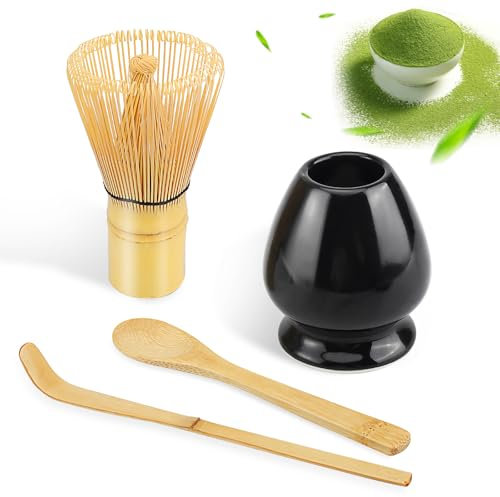 Té Matcha Kit - Matcha Kit de 4 Piezas, Batidor Té Matcha, Cuenco Té Matcha, Soporte Chasen y Cuchara Matcha - Kit Matcha para la Ceremonia del Té (Matcha negro (cuenco no incluido))