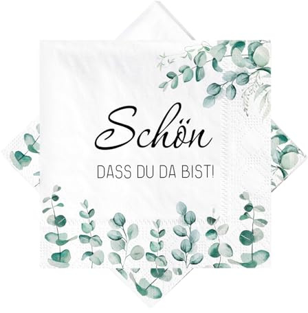 Cadimus 40 Stück Servietten Eukalyptus, Servietten Schön Dass Du Da Bist, Papierservietten mit Eukalyptus, Tischdeko für Hochzeit Geburtstag Taufe Konfirmation Kommunion, 33 x 33cm