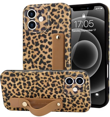 LAPOPNUT for iphone 12 Case Strap Leopard Tortoise Print, Khaki | Cheetah Amber Pattern Phone Cover, Adjustable Finger Wrist Stand Holer, Cute for Women Girls Men,TPU Bumper Shell, Protecion