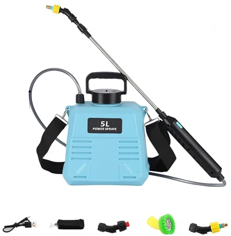 Pulverizador eléctrico de 5 litros alimentado por batería, mango recargable por USB, correa para el hombro para exteriores, 3 boquillas de niebla, pulverizador portátil para jardín mata malezas con