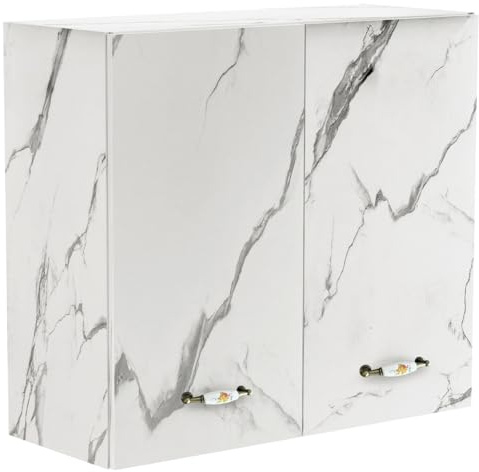 Shally Dogan Pensile da Cucina a Parete, Armadio Sospeso in Legno con Due Ante 1 Ripiano e 2 Scomparti, Armadietto da Muro Spazioso e Resistente, Dimensioni 80 x 32 x 72H cm (Marmo)