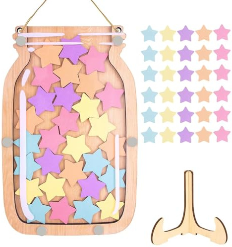Belohnungsglas,Magnetisch Belohnungssystem,Belohnungssystem Grundschule | Lehrerbedarf Belohnungsglas mit Holzhalter und 30 Sternen, Belohnungsglas Klassenzimmer für Gutes