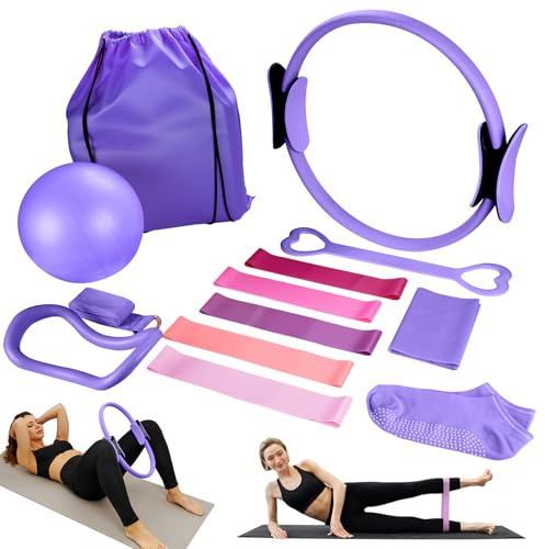 Jellybibo Set di 13 anelli da pilates, con anello da pilates, palla da yoga, fascia da fitness, anello di tensione, massaggiatore, adatto per attrezzature da palestra domestica