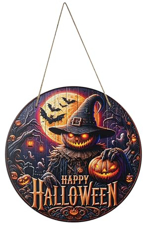 Decorazioni per porte Halloween, ghirlande di legno con fantasmi e zucche rotonde, decorazioni per porte d'ingresso, veranda in stile rustico, decorazioni da esterno - 30 cm