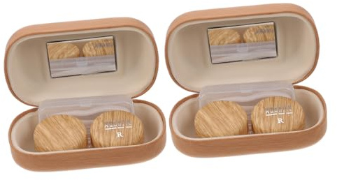 LRXIYODE Retro Large Diameter Contact-lens Box Set 2pcs Leak-proof Leather and Wood Grain Design Travel Storage Organizer Case in Light Brown