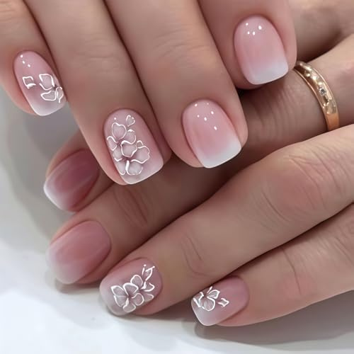 24 Stück Rosa Farbverlauf Weiß Künstliche fingernägel - Kunstnägel Kurz mit Blumen Design - Elegant Künstliche Nägel Zum Aufkleben - Full Cover Quadratisch Fake Nägel Für Frauen Mädchen