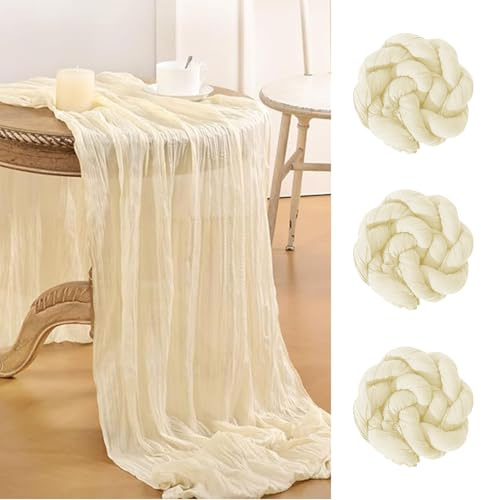 BeGrit Lot de 3 Chemin de Table Beige 90 cm x 300 cm Nappe Décorative en Etamine Tissu Légère Transparence Froissé Ondulant Boho Gaze à Fromage Pour Mariage Fête Communion Anniversaire Mariage et Fête