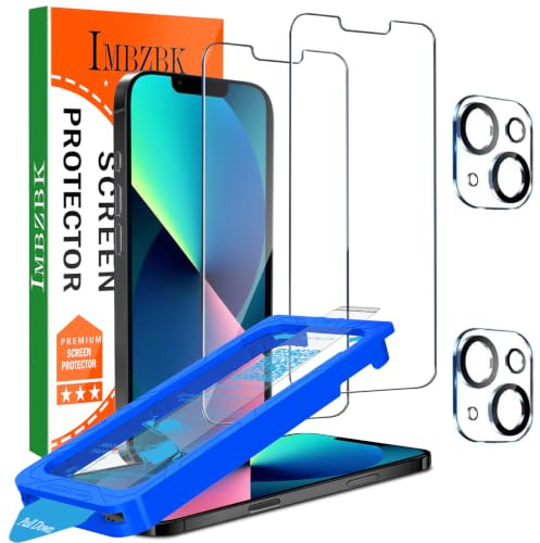 IMBZBK Skärmskydd för iPhone 13 6,1 tum [Automatisk dammborttagning] [vänligt fodral] härdat glas skyddande kameratillbehör 2 + 2 st
