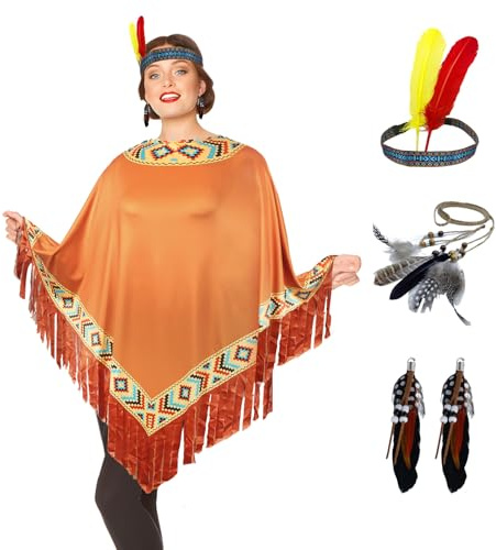 PANMAY Indianerin Poncho Boho Kostüm Damen Poncho Kostüm Karneval Kostüm mit Haarbänder Ohrringe Halsketten Boho Faschingskostüme Indianerin für Karneval Mottoparty