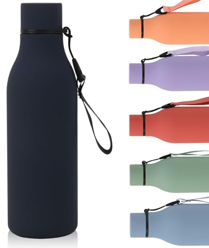 Water Bottle with Strap 550ml, Stainless Steel Water Bottle, Double Wall Insulated Flask Bottle Keeps 24H Cold/12H Hot, Leakproof Metal Drinks Bottle, BPA-Free for Travel, Gym, Hiking (Black)