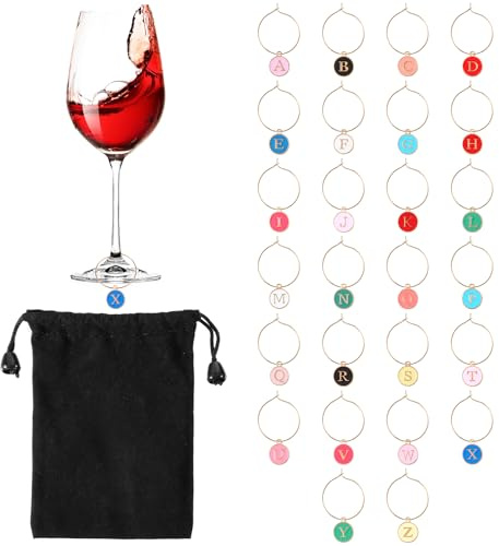 FNANJWQ 26 Pieces Wine Charms Drink Alphabet Markers for Stem Glasses with Rings, Metal Letters Glass Charm Marker Letters Beads Markers for DIY Decorations and Wine Party