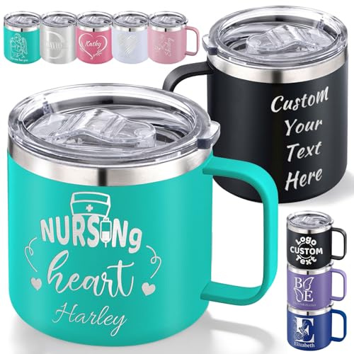 Personalised Insulated Coffee Mug with Name Engraved for Nurse, Custom Stainless Steel Travel Tumbler with Lid Handle Spill Leak Proof Double Wall Thermal Cup Customised for Women Men Gift(12oz/14oz)