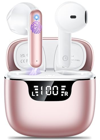 Ecouteurs Bluetooth sans Fil, kauguo Écouteurs sans Fil 5.4 avec 4 ENC Réduction Antibruit Mic HiFi Stéréo IPX6 Étanche 42H Durée Écran LED Oreillette Bluetooth Contrôle Tactile pour iOS Android, Rose