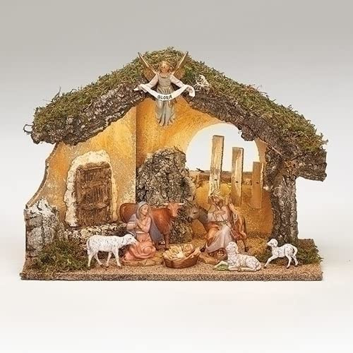 Fontanini by Roman, LED Lighted Italian Stable with 9-Piece Set, 5 Collection, Nativity Figures and Stable, Made in Italy