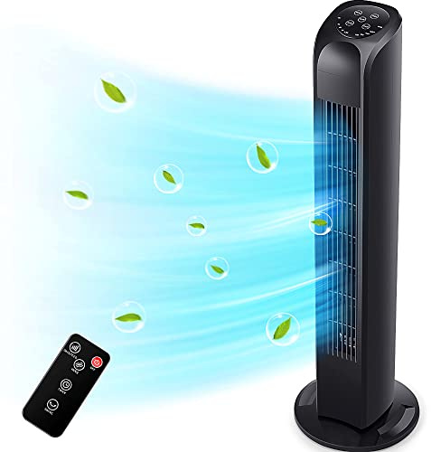 Uthfy Oscillating Tower Fan with Remote, Electric Standing Floor Fan for Bedroom Indoor Office and Home Use,Quiet Cooling Portable Bladeless Tower Fans, 30 inchs, Black