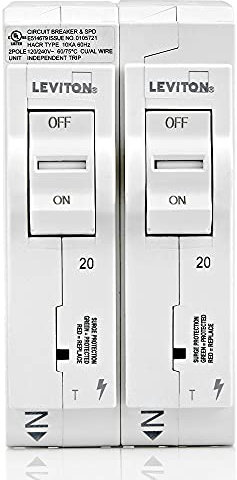 Leviton LSPD2-T Dispositif de protection contre les surtensions avec deux disjoncteurs à branchement standard 20 A 1 pôle, magnétiques, 120/240 VAC, blanc