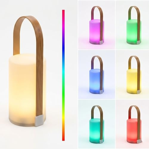 LED Tischlampe 2 Leuchtmodi warm weiß + RGB Farbwechsel - 25 x 11 cm - Outdoor Hängelampe batteriebetrieben mit Griff in Holzoptik - Garten Deko Leuchte Tisch Laterne Lampe für Außen und Innen