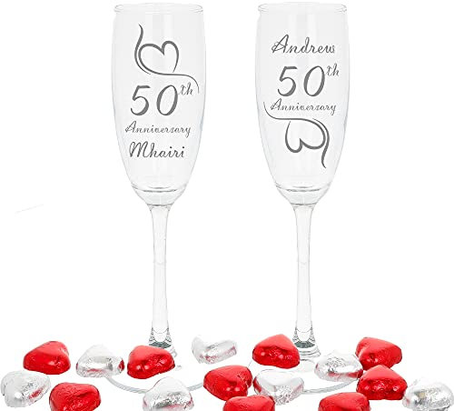 Personalised 50th Wedding Anniversary Set of 2 Engraved Champagne Flute Glasses - Golden Wedding Glasses With Chocolate Hearts (Filled)