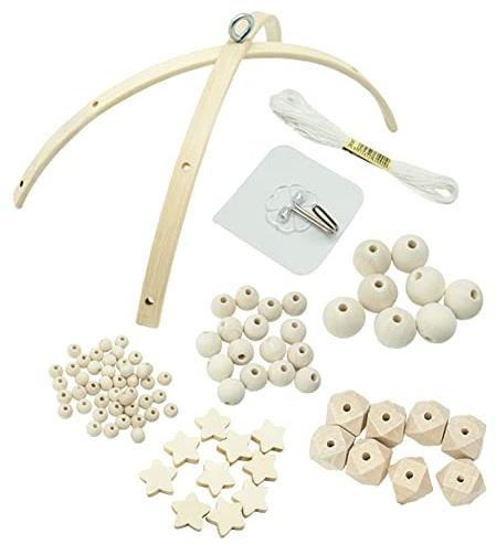 DIY Holz Mobilen Rahmen, Babybett Mobile Holz Handgemacht Windspiel Natürliche Bettglocke Baby Basteln mit Holzperlen Sterne Anhänger Baby Mobile Selber Basteln Set für Babybett Kinderzimmer