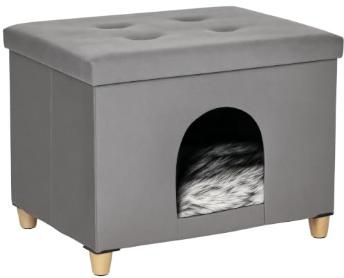 PawHut Hocker mit Katzenhöhle 2-IN-1 mit Kissen Grau 60 x 45 x 44,5 cm | Katzenbett, Katzenhaus, Fußhocker, Holzbeine, Katzenzelt, Haustierhaus