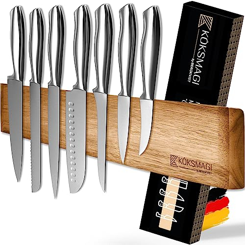 KÖKSMAGI Oskar Magnetic Knife Strip (40 cm) - Acacia Wood Ferrite Magnets, Self-Adhesive & Drilling, 5 knives, Brown (Natural Wood Grain)