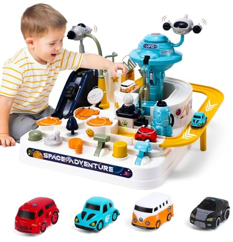 Space Race Track Toy, Car Adventure Set with 4 Mini Cars, Ages 3-8Year+ | Battery-Free Play With 4 Mini Cars and A Spaccraft; Hands-On Controls Support Motor Skills, Coordination and Problem-Solving
