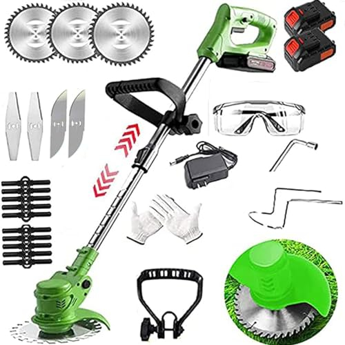 Désherbeur de mauvaises herbes 24 V 2 Ah alimenté par batterie avec 2 piles et 3 types de lames, désherbant léger et puissant, alimenté par batterie pour cour et jardin (vert)