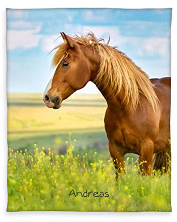 Herding Kuscheldecke für Kinder, Decke mit Pferd-Motiv, Personalisiert mit Namen (Bestickt), 130 x 160 cm, 100% Polyester